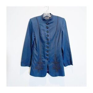 Anya Silk Blue Embroidered Details Mandarin Collar Blazer SZ4